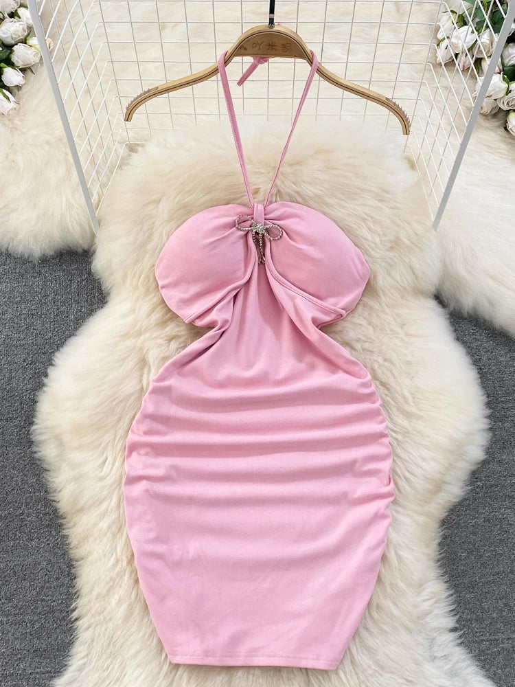 Women Pink Halter Neck Mini Dress With Bow Detail Simple Fashion AP00206