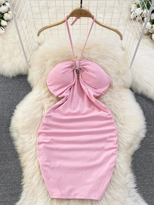 Women Pink Halter Neck Mini Dress With Bow Detail Simple Fashion AP00206