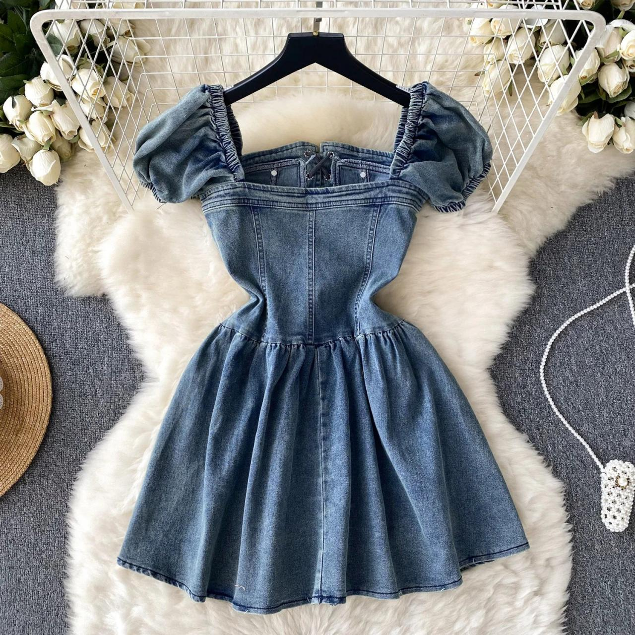Women Simple Elegant Denim Dress With Puff Sleeves And Lace-up AP00208