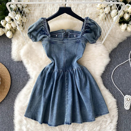 Women Simple Elegant Denim Dress With Puff Sleeves And Lace-up AP00208