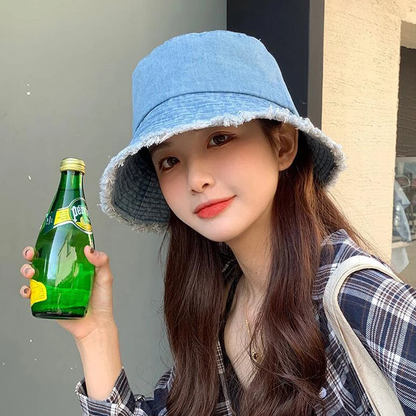 Denim Frayed Edge Bucket Hat For Women AP00235