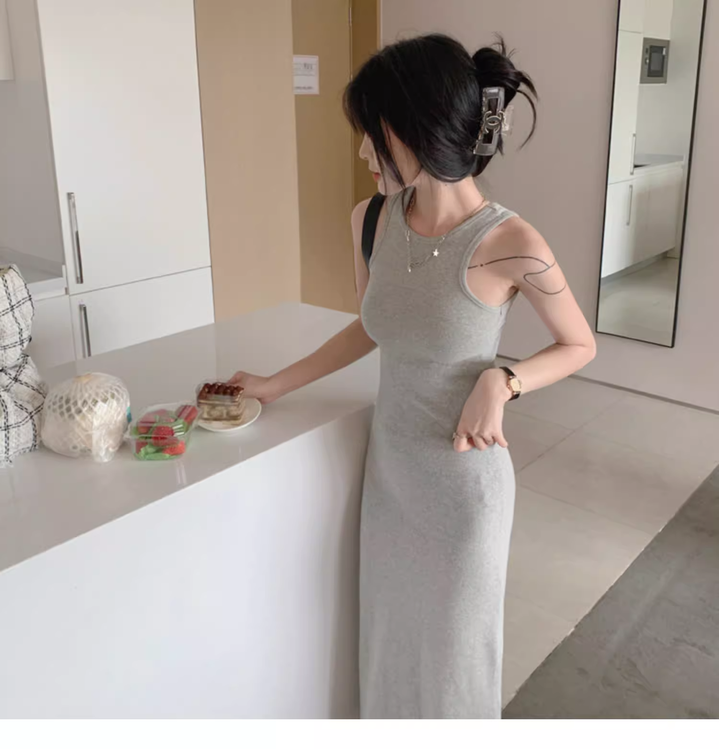 Simple Women Fashion Gray Black Halter Dress AP0238