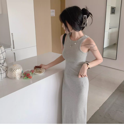 Simple Women Fashion Gray Black Halter Dress AP0238