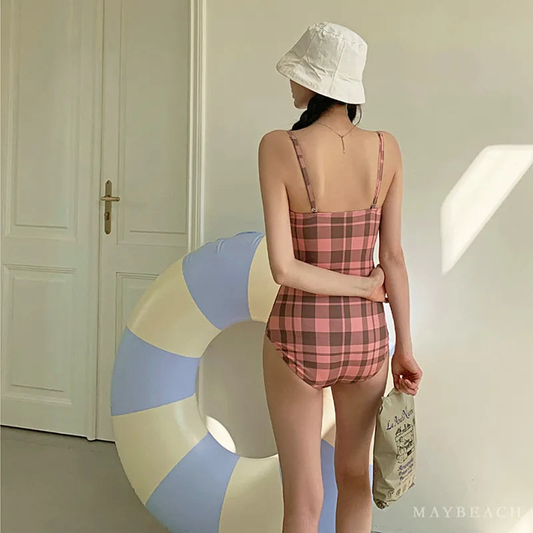 Pink Plaid One-piece Swimsuit With Adjustable Straps AP000130
