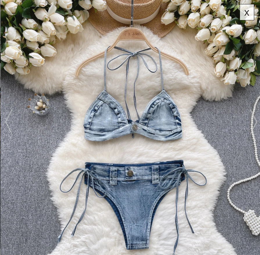 Denim Look Halter Bikini Set For Women AP000119