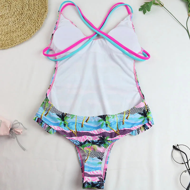 Elegant Women Tropical Print One-piece Ruffle Swimsuit Swimwear AP000137