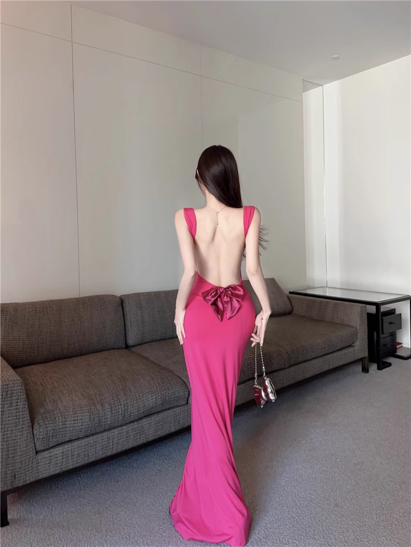 Stylish Ros Pink Sleeveless Backless Seaside Holiday Halter Dress  AP0241