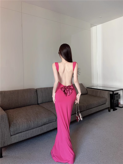 Stylish Ros Pink Sleeveless Backless Seaside Holiday Halter Dress  AP0241