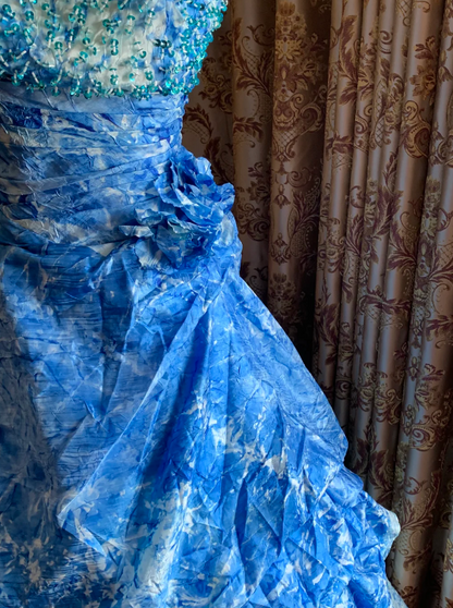 Vintage Blue Floral Print Spaghetti Straps Ball Gown Beaded Bodice Prom Dress AD236