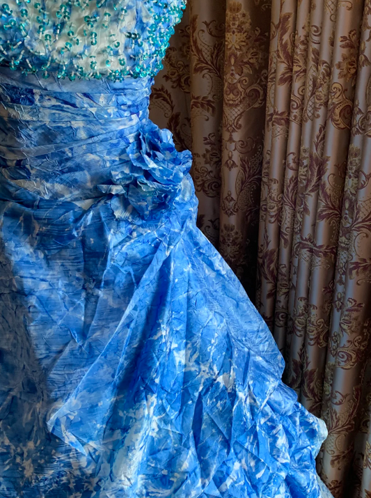 Vintage Blue Floral Print Spaghetti Straps Ball Gown Beaded Bodice Prom Dress AD236