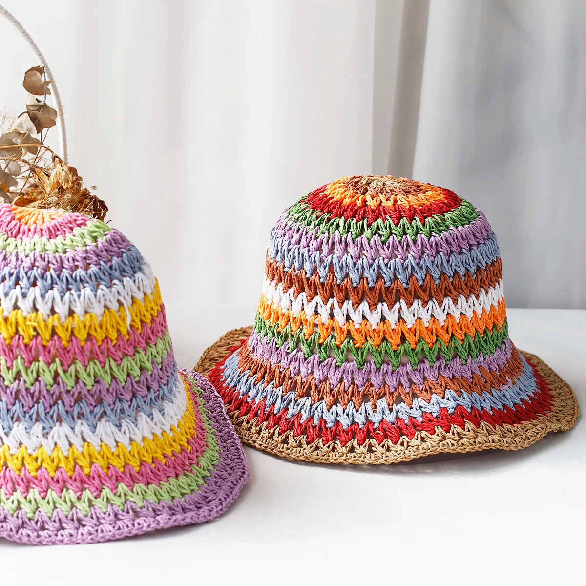 Handwoven Colorful Striped Summer Beach Bucket Hat AP00232