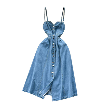 Women Sleeveless Denim Button-down Midi Sun Dress AP00211
