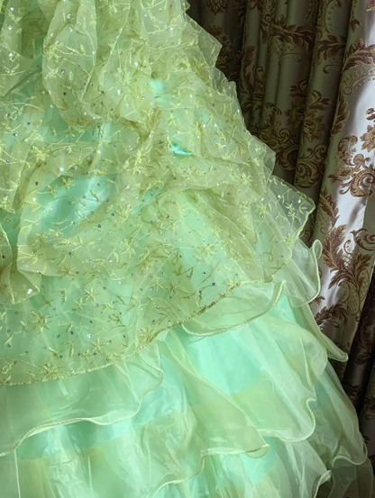 Sparkly Light Green Spaghetti Straps Tiered Tulle Ball Gown Sparkly Prom Dress AD235