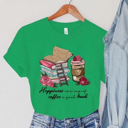 Women Happiness Coffee And Book Lover Graphic Tee New Fashion Simple T-shirt AP000167