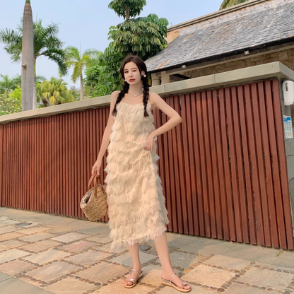 New Fashion Tassels Design Pink Beach Elegant Spaghetti Strap Dress  AP0261