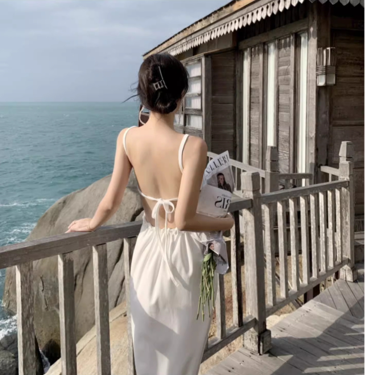 New Stylish White Sleeveless Backless Beach Spaghetti Strap Dress  AP0255