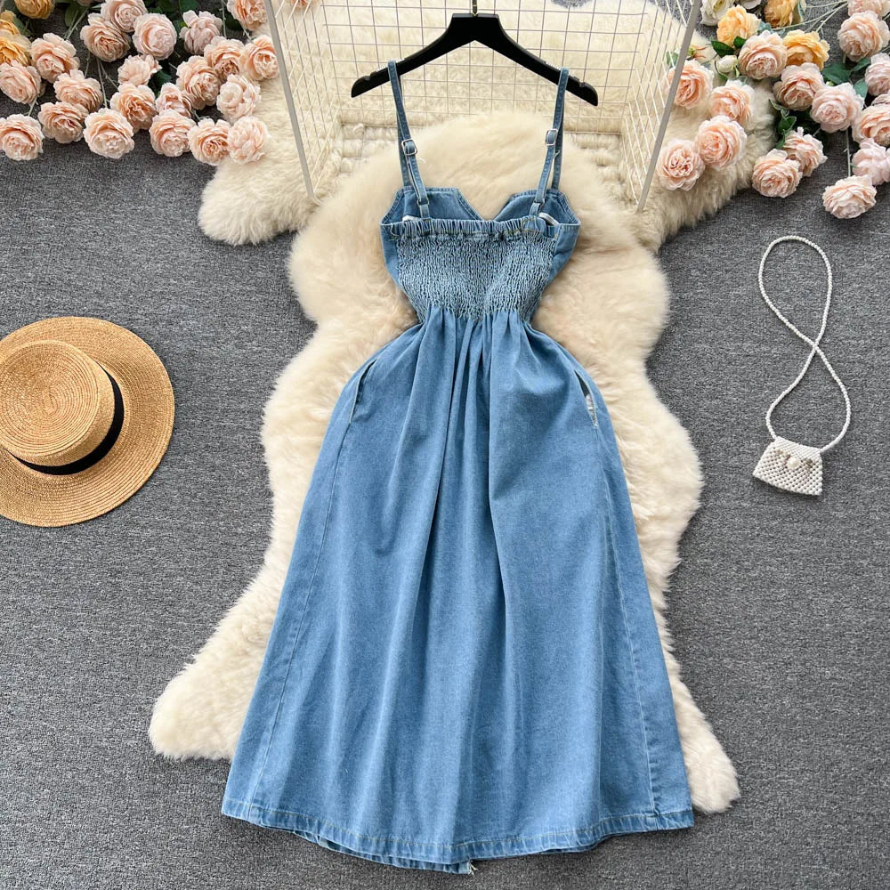 Women Sleeveless Denim Button-down Midi Sun Dress AP00211