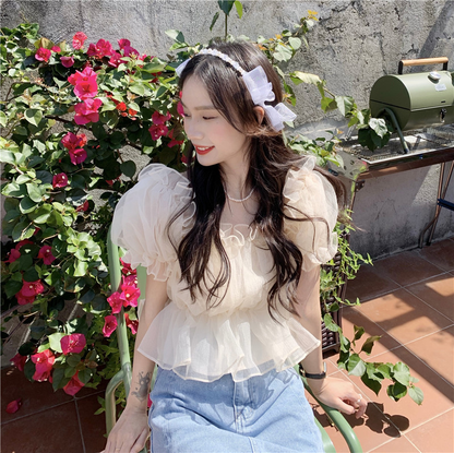 Sweet Wonderful Ladies Striped Square Neck Collar Mesh Pleated Ruffle Shirt Puff Short Sleeve Off Shoulder Top AP000196