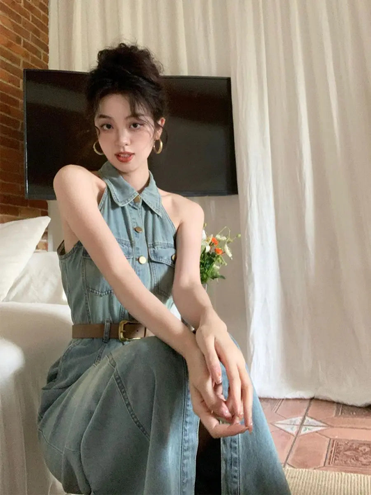 New Simple Denim Halter Neck Button-down Long Dress AP00214