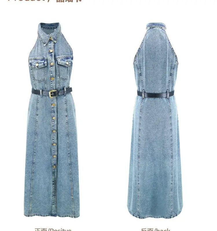 New Simple Denim Halter Neck Button-down Long Dress AP00214