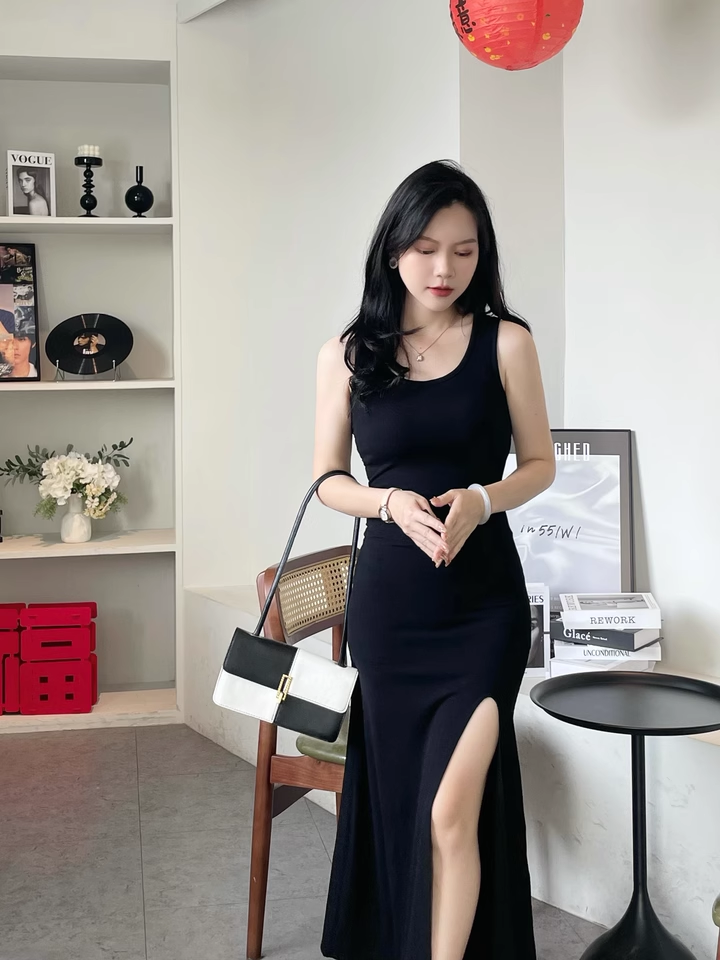New Fashion Black Sleeveless Elegant Split Spaghetti Strap Dress  AP0245