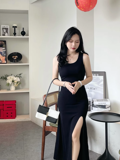 New Fashion Black Sleeveless Elegant Split Spaghetti Strap Dress  AP0245