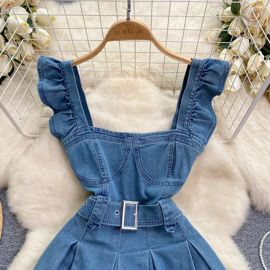 Simple Fashion Women Vintage-inspired Denim Belted Pinafore Dress AP00210