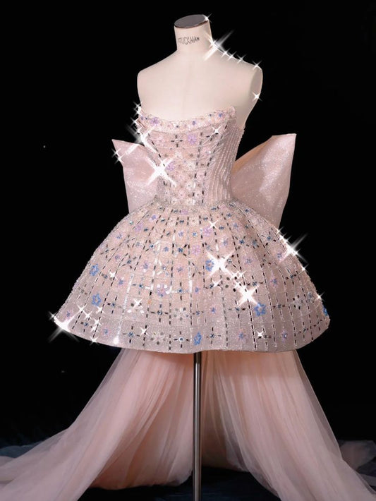 Opulent Blush Pink Strapless A Line Beaded Short Homecoming Dress With Oversized Back Bow Detail AS580