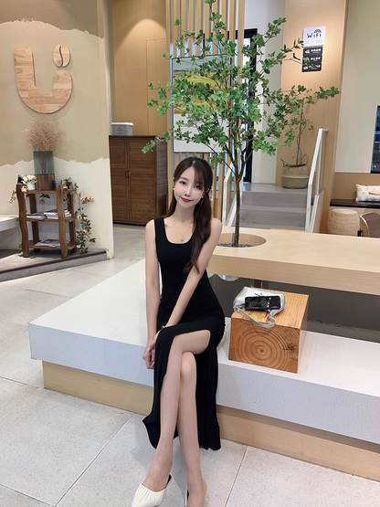 New Fashion Black Sleeveless Elegant Split Spaghetti Strap Dress  AP0245