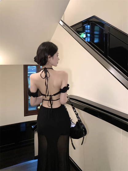 Fashion Sexy Black Lace Cutout Sleeved Backless Halter Dress  AP0253