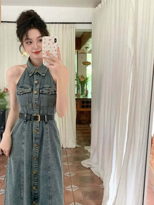New Simple Denim Halter Neck Button-down Long Dress AP00214