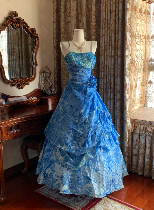 Vintage Blue Floral Print Spaghetti Straps Ball Gown Beaded Bodice Prom Dress AD236