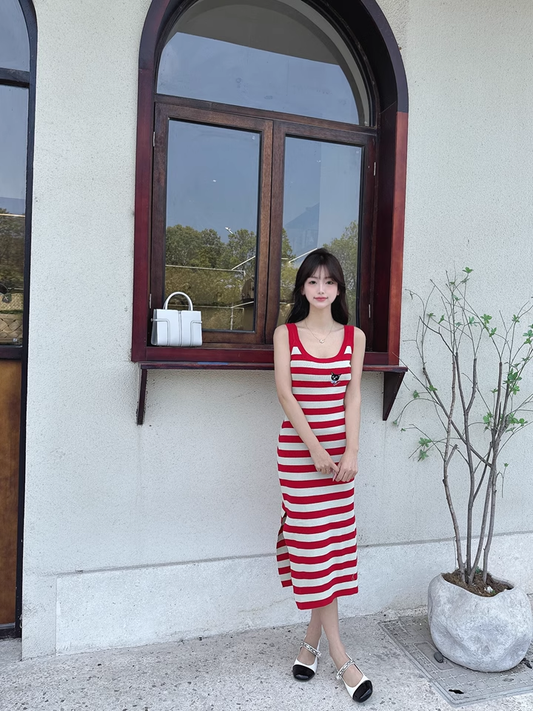 New Fashion Red Streak Casual Sleeveless Spaghetti Strap Dress  AP0249