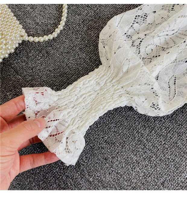 New Fashion Palace Style Temperament Women Lotus Leaf Waist Lace Square Collar Sweet Bowknot Puff Sleeve Crop Bustier Top Blouse AP000194