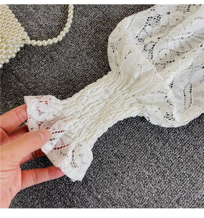 New Fashion Palace Style Temperament Women Lotus Leaf Waist Lace Square Collar Sweet Bowknot Puff Sleeve Crop Bustier Top Blouse AP000194