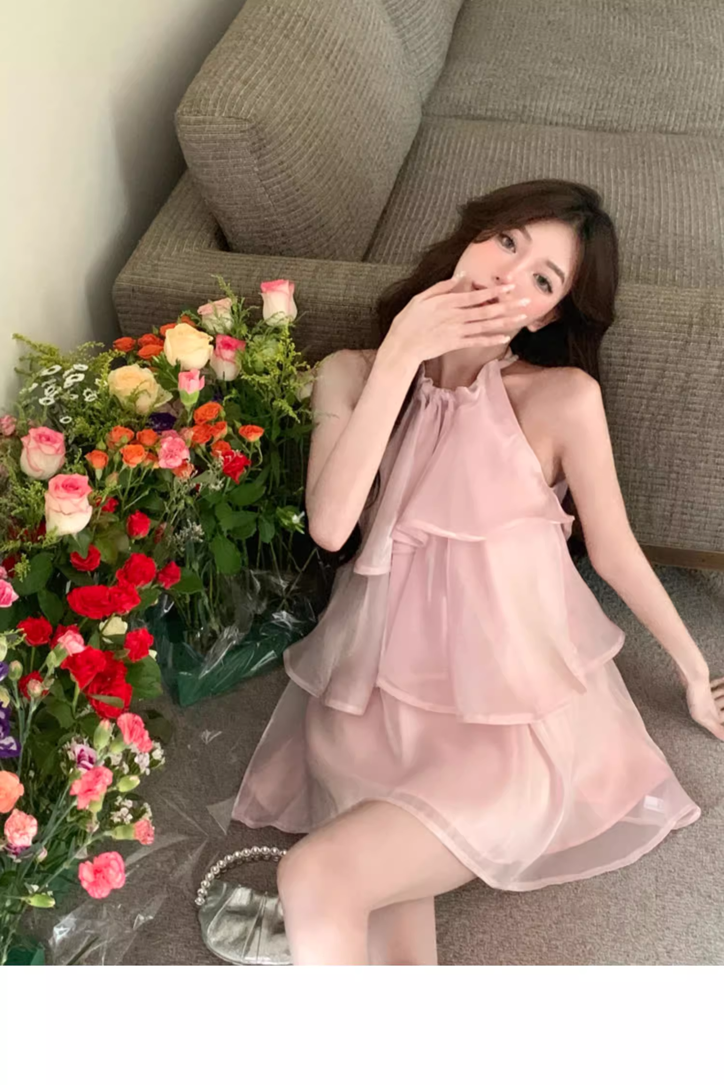 Stylish Pink Patchwork Ruffled Sleeveless Seaside Holiday Halter Dress  AP0240