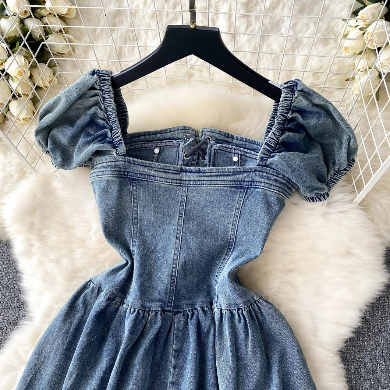 Women Simple Elegant Denim Dress With Puff Sleeves And Lace-up AP00208
