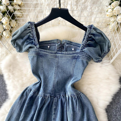 Women Simple Elegant Denim Dress With Puff Sleeves And Lace-up AP00208
