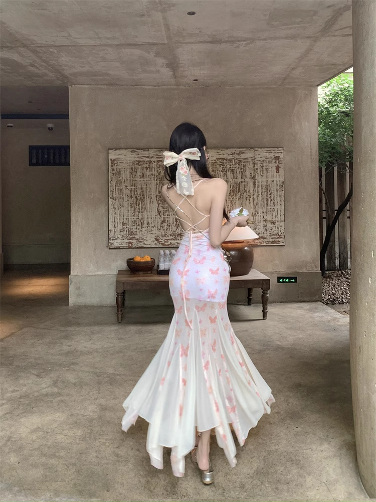 New Stylish Women Pink Butterfly Mermaid Spaghetti Strap Dress  AP0260