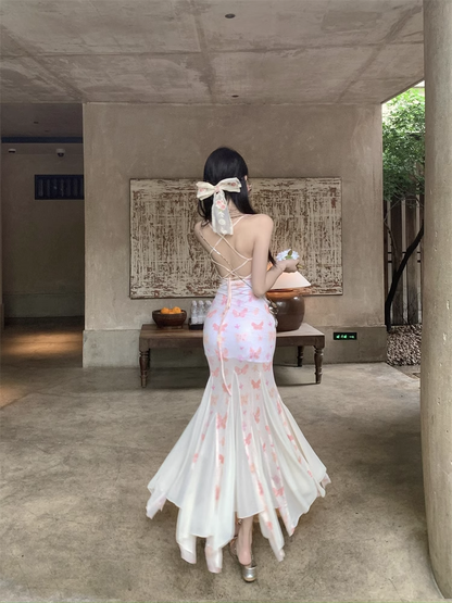 New Stylish Women Pink Butterfly Mermaid Spaghetti Strap Dress  AP0260