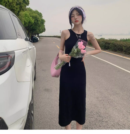 Simple Women Fashion Gray Black Halter Dress AP0238