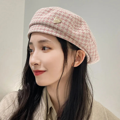 New Stylish Houndstooth Wool Beret With Heart Pin AP00229