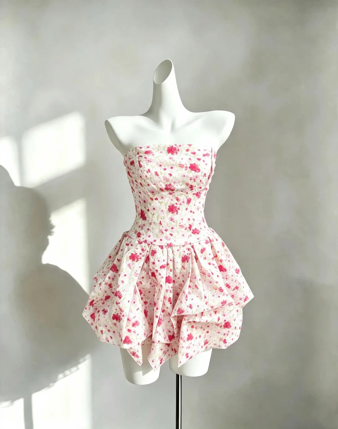 Fresh Pink Floral Strapless Corset Draped Asymmetrical A Line Short Homecoming Dress AS2261