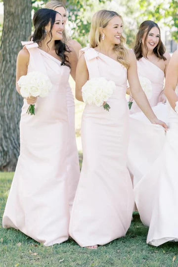Elegant Black Satin One Shoulder Long Sheath Bridesmaid Dress AB001