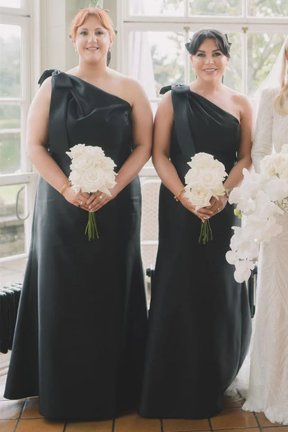 Elegant Black Satin One Shoulder Long Sheath Bridesmaid Dress AB001