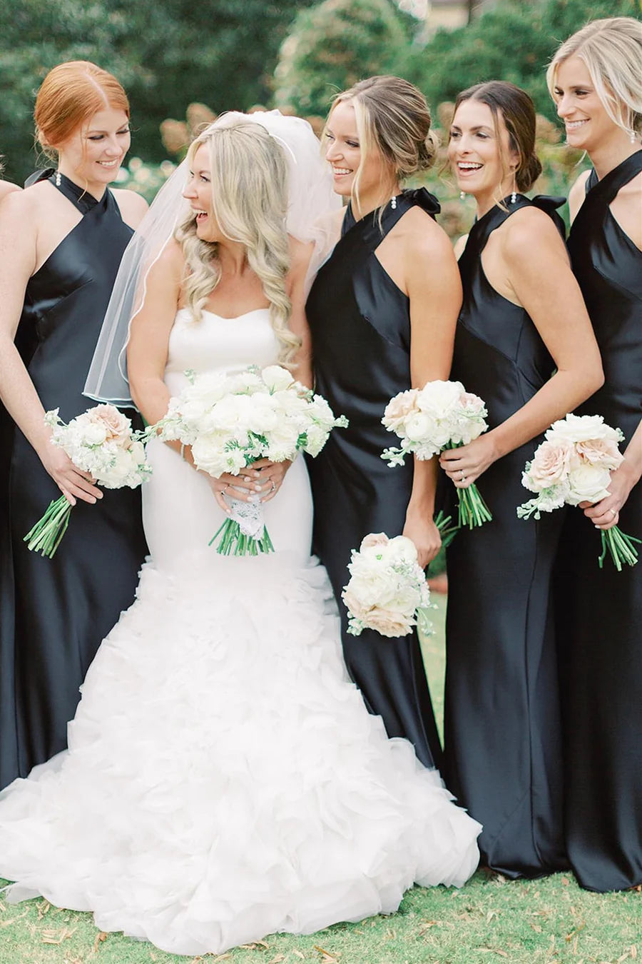 Sleek Black Satin Halter Cutout Back Long Sheath Bridesmaid Dress AB002