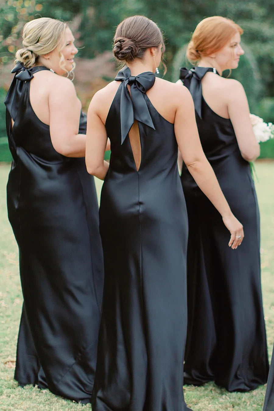 Sleek Black Satin Halter Cutout Back Long Sheath Bridesmaid Dress AB002