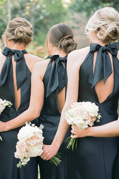 Sleek Black Satin Halter Cutout Back Long Sheath Bridesmaid Dress AB002