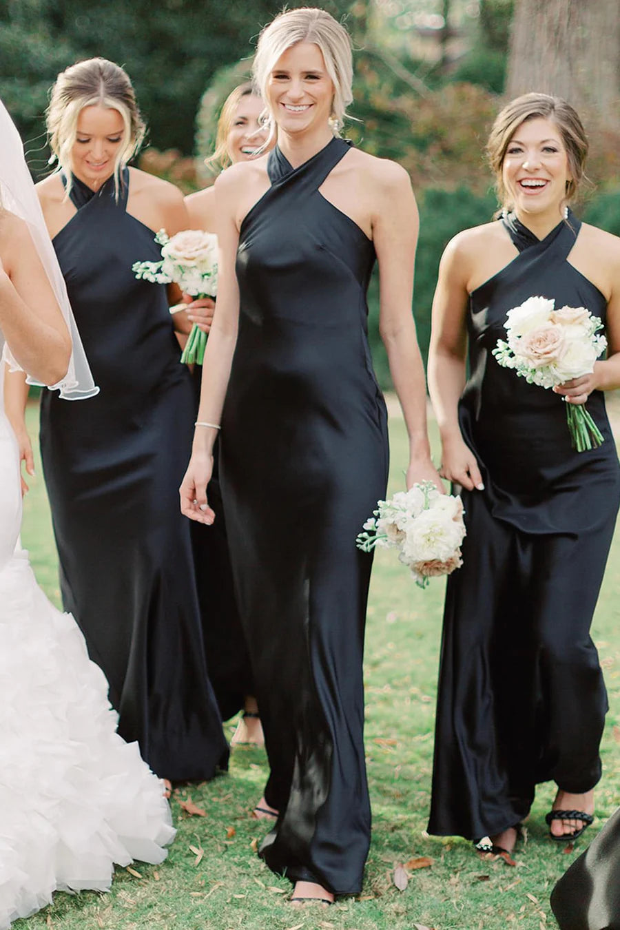 Sleek Black Satin Halter Cutout Back Long Sheath Bridesmaid Dress AB002