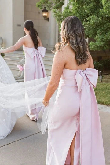 Sleek Light Pink Strapless Satin Pleated Mermaid Bridesmaid Dress With Big Bow AB003